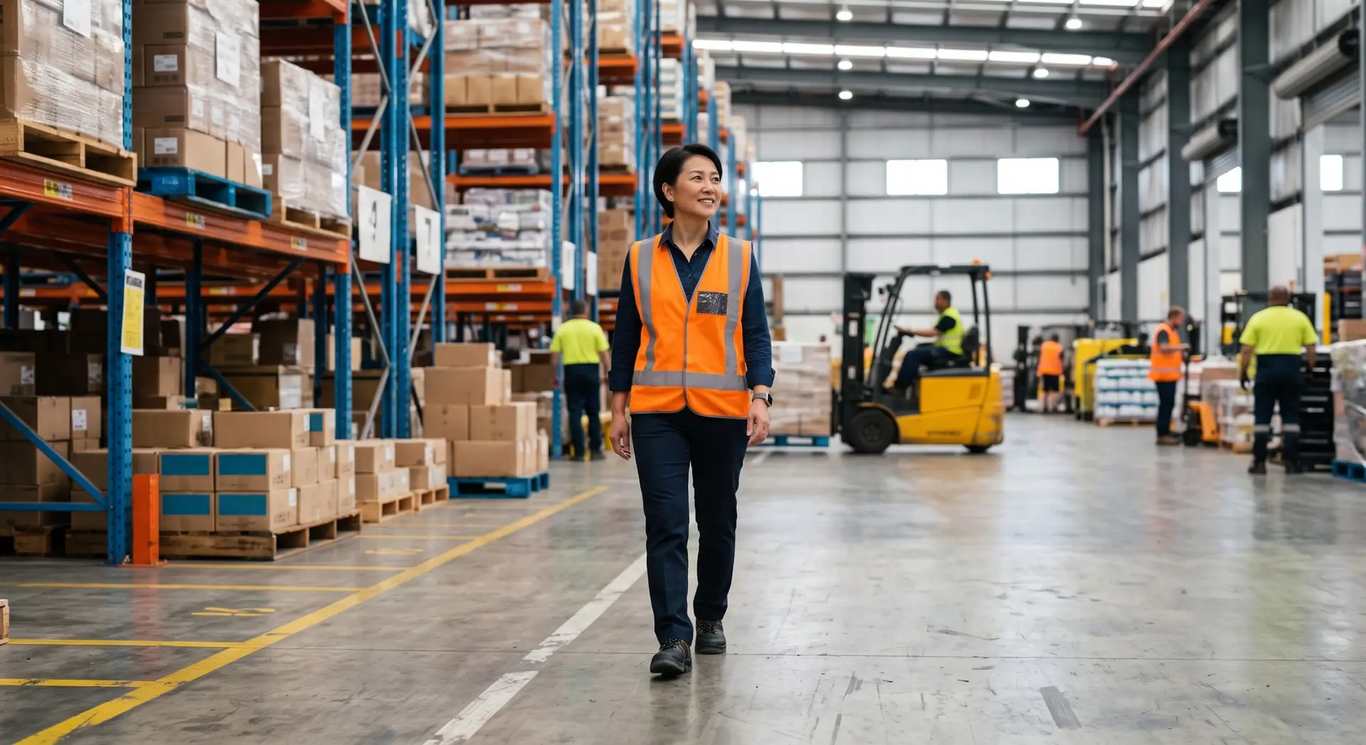 A confident woman wearing an orange high-visibility vest walking through the center of a busy warehouse.